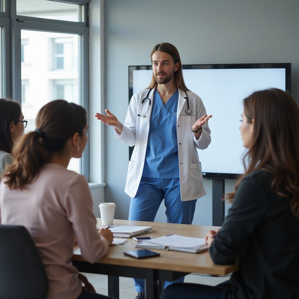 Doctor in scrubs, white coat, and stethoscope speaks to three women at a meeting table.