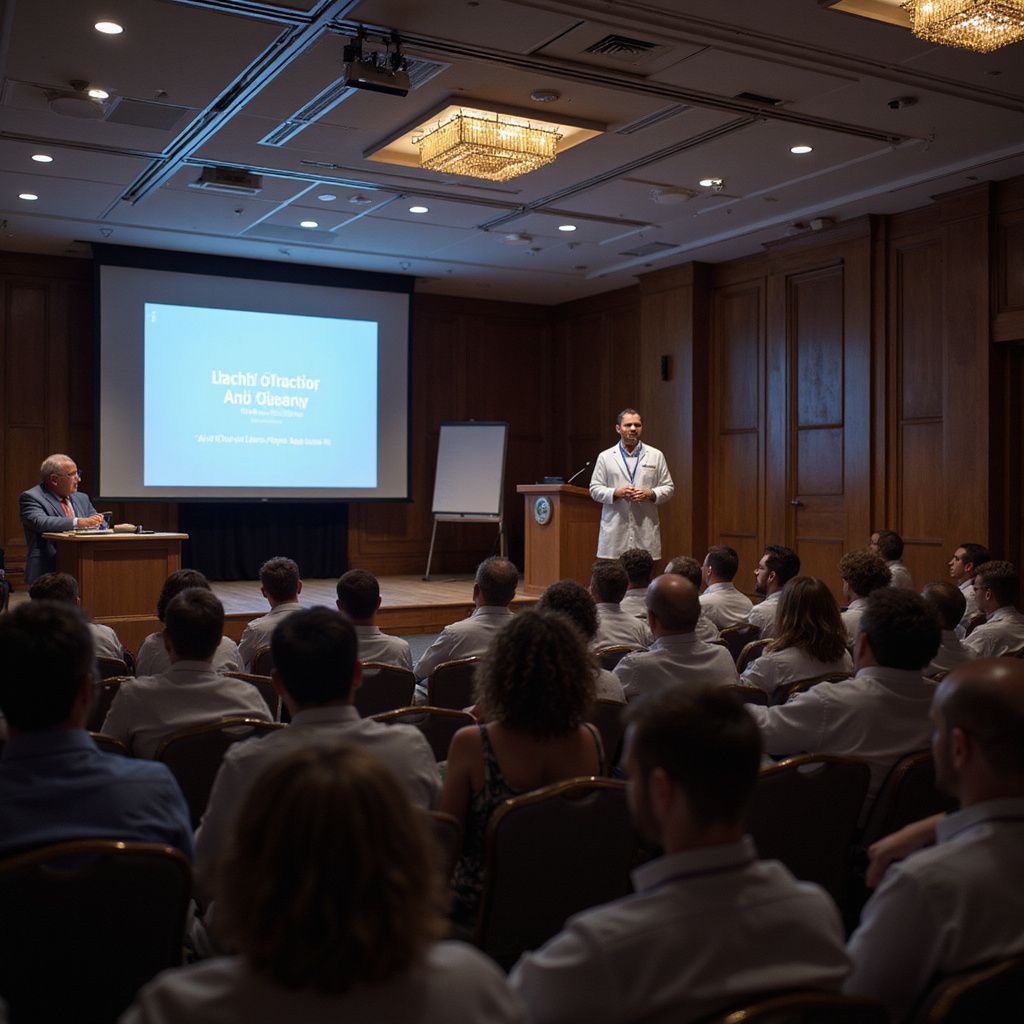 Doctor gives presentation in a large room to an audience. A projector screen displays text; another man sits at a table.
