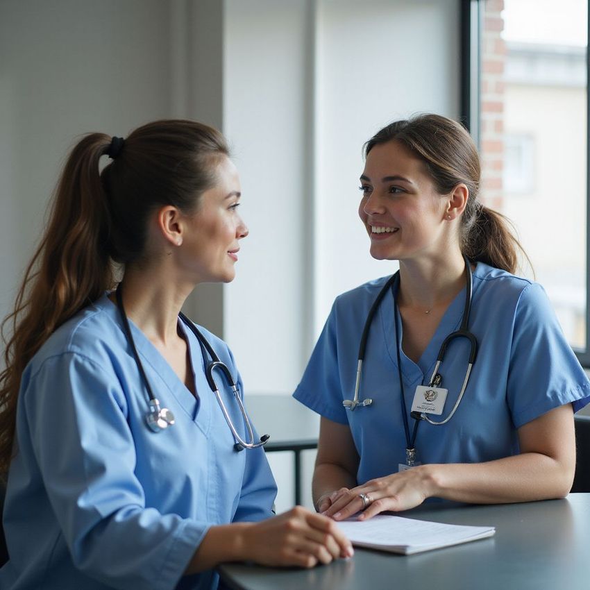 Two nurses in blue scrubs, seated, looking at each other while discussing a document. Natural light, neutral background.
