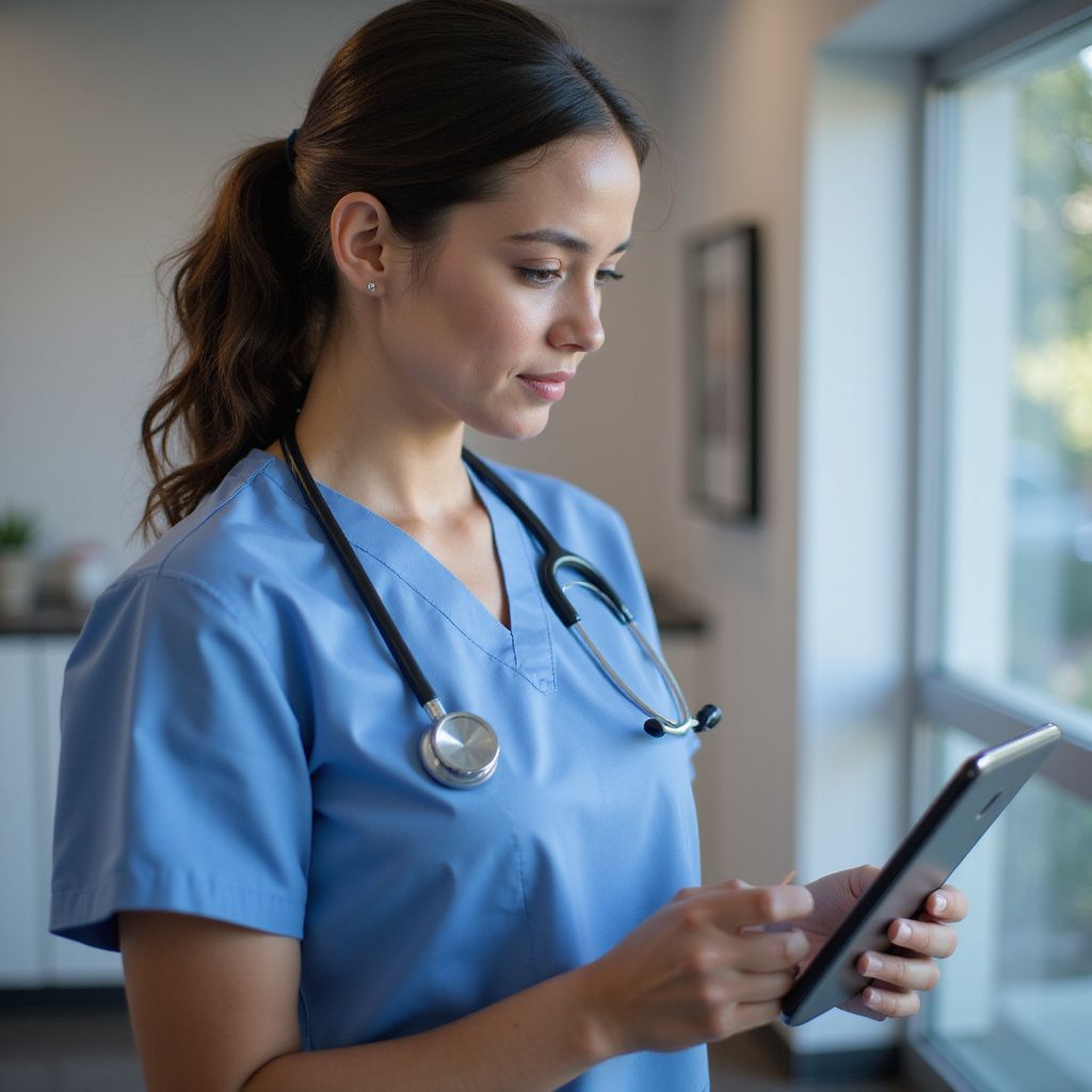 Woman in blue scrubs with stethoscope looks at tablet by a window.