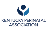 Logo of Kentucky Perinatal Association: Blue and dark blue abstract human figure cradling a circle. Text below.