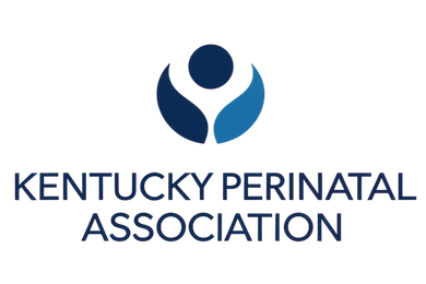 Logo of Kentucky Perinatal Association: Blue and dark blue abstract human figure cradling a circle. Text below.