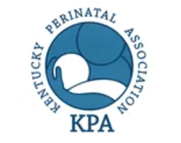 Logo of Kentucky Perinatal Association: Blue and dark blue abstract human figure cradling a circle. Text below.