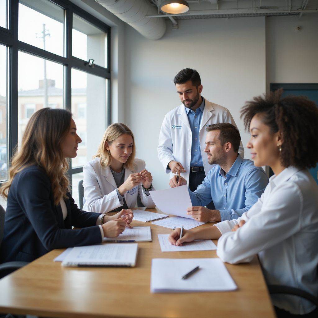 A diverse group in a meeting, discussing documents. A doctor in a white coat presents.
