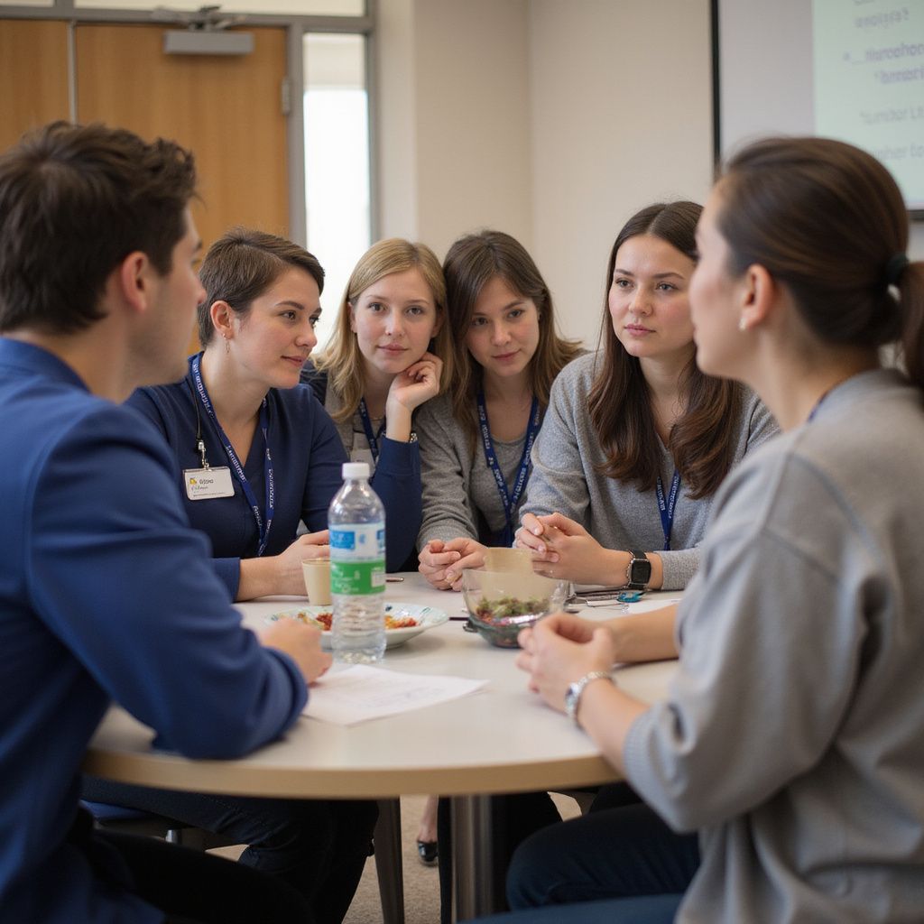 Group of people in a circle, discussing. Some are looking at a woman speaking, with a bottle of water and food on the table.