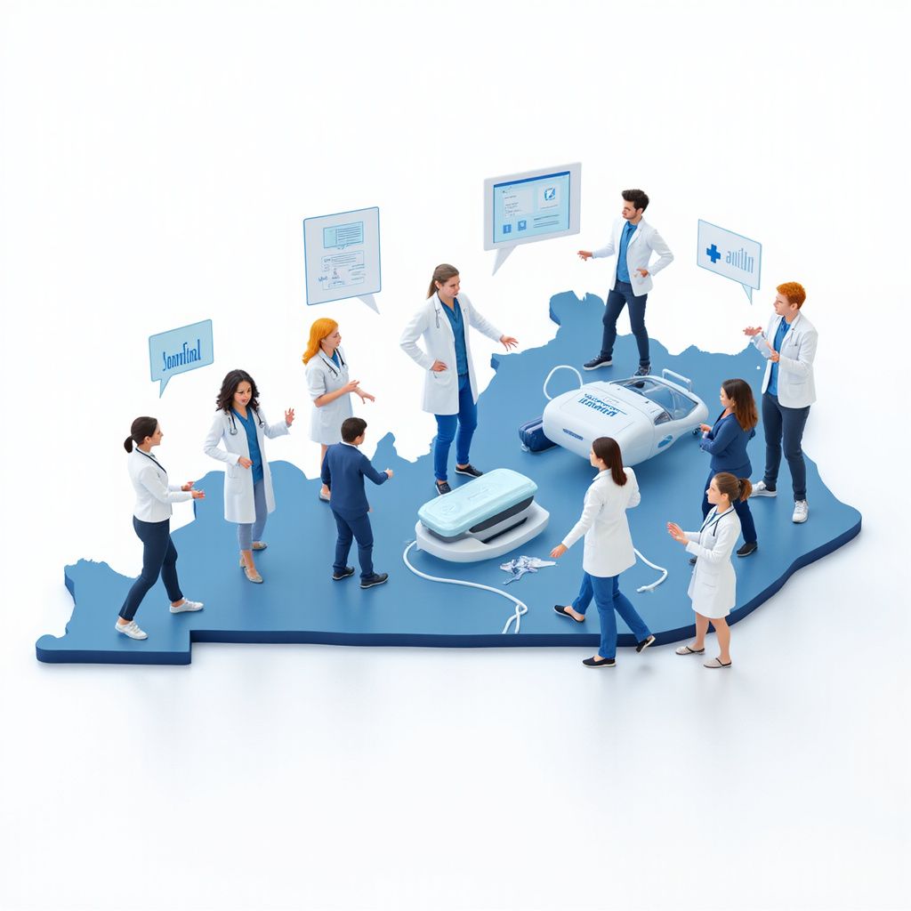 Doctors and patients on a blue Kentucky map, interacting with medical devices and data displays.