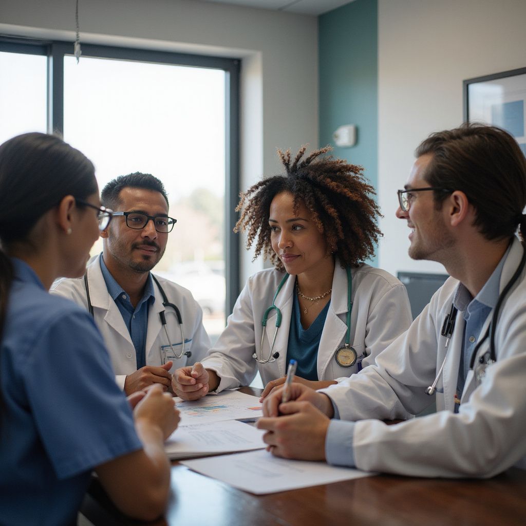 Four medical professionals in white coats, a nurse and doctor sitting around a table discussing.
