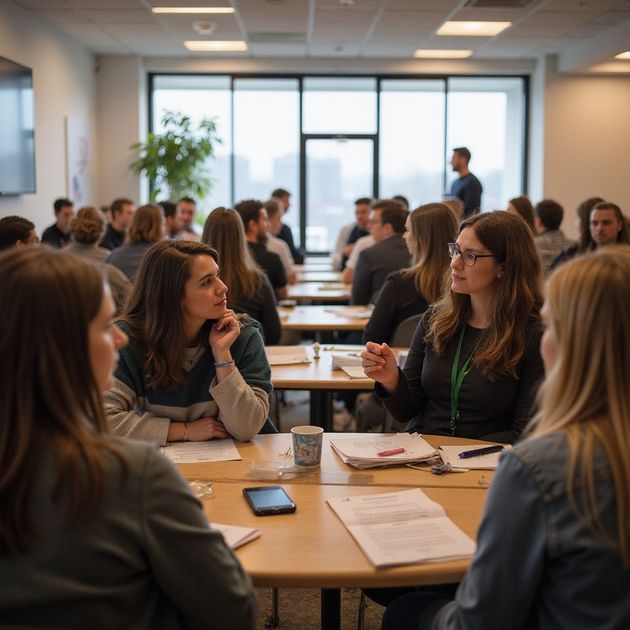 People in a conference room having a discussion, some looking at documents on tables.
