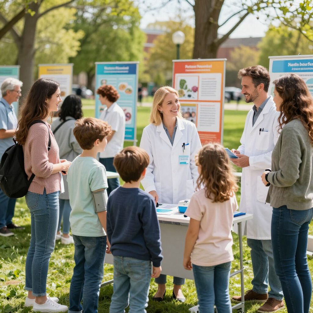 People at an outdoor health fair; doctors in lab coats converse with families at a table with informational displays.