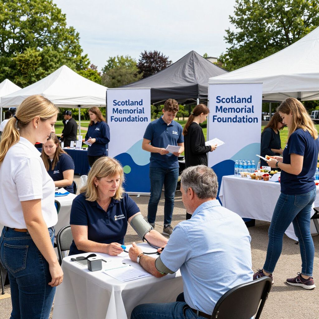 People at a Scotland Memorial Foundation event, with a woman taking a man's blood pressure at a table under a tent.