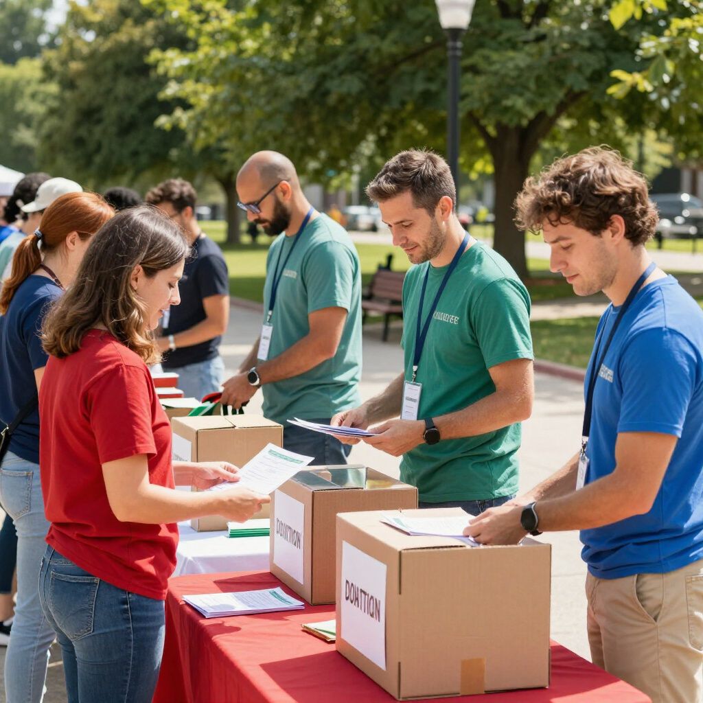 People at an outdoor donation table. Volunteers in colored t-shirts sort papers and manage donation boxes.