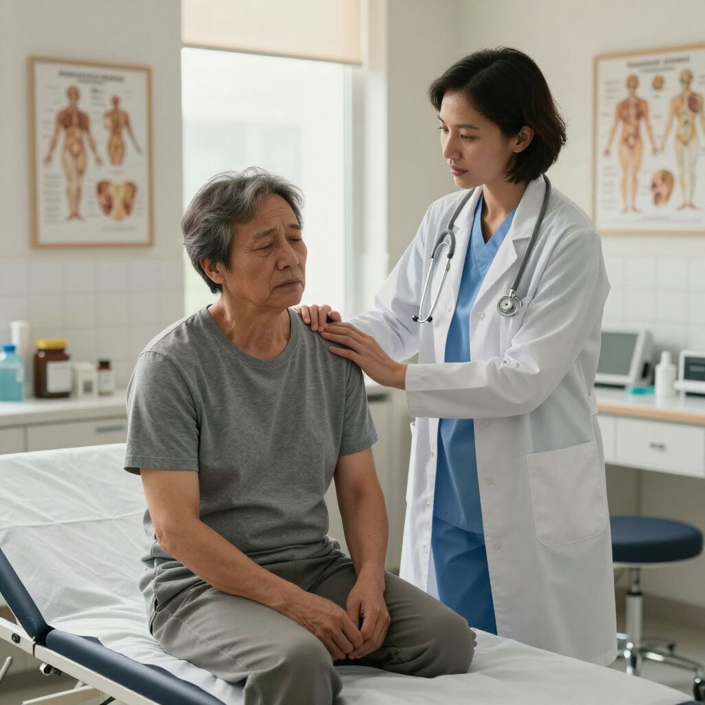 Doctor comforts patient in examination room.
