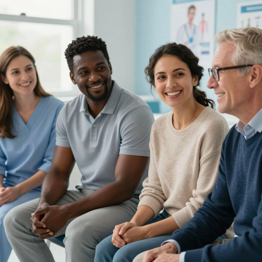 People smiling, sitting in a circle in a clinic. A medical professional in scrubs sits alongside others.