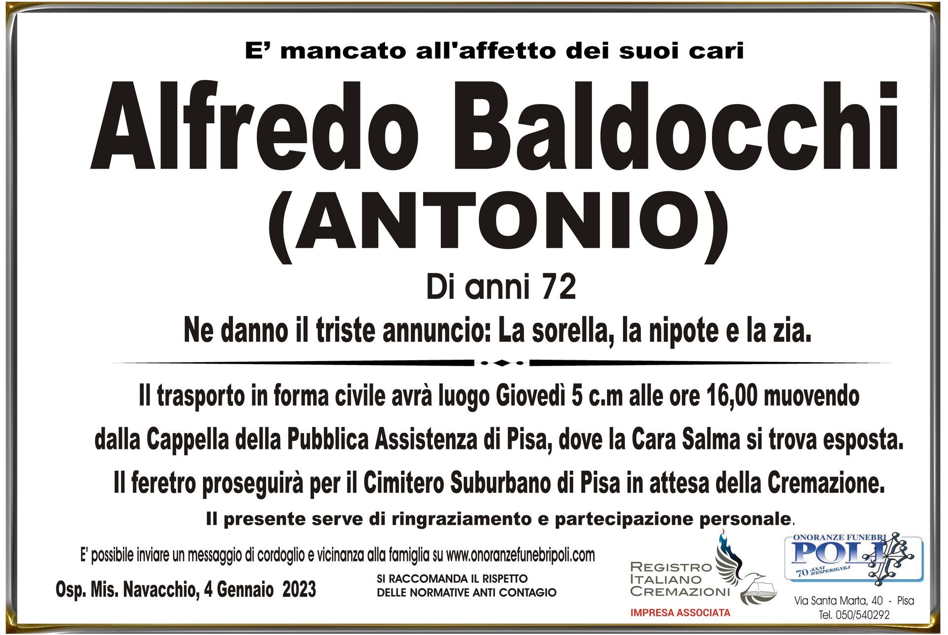 necrologio ALFREDO BALDOCCHI