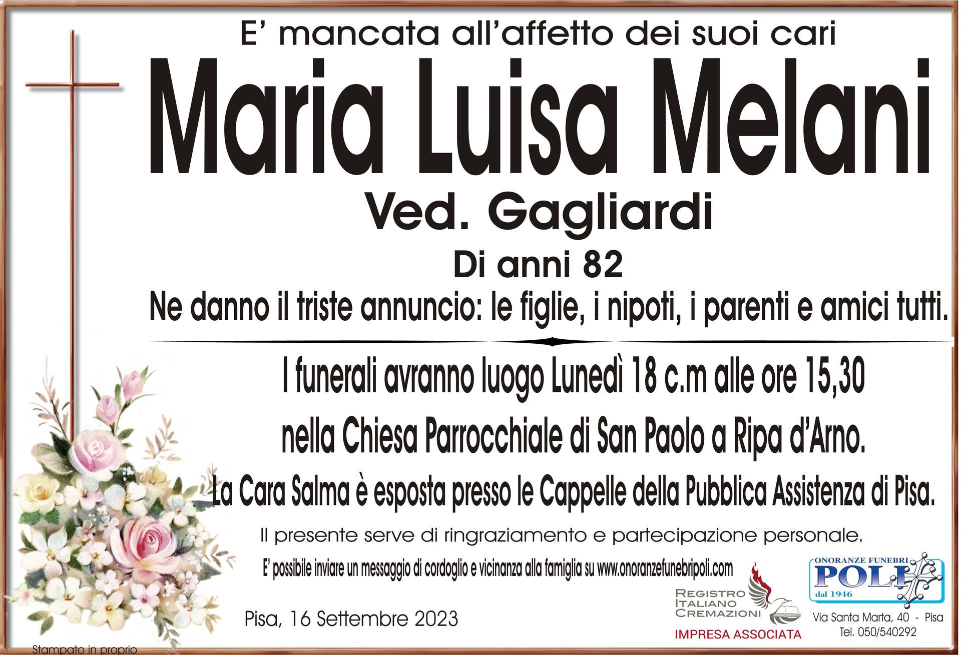 necrologio Maria Luisa Melani