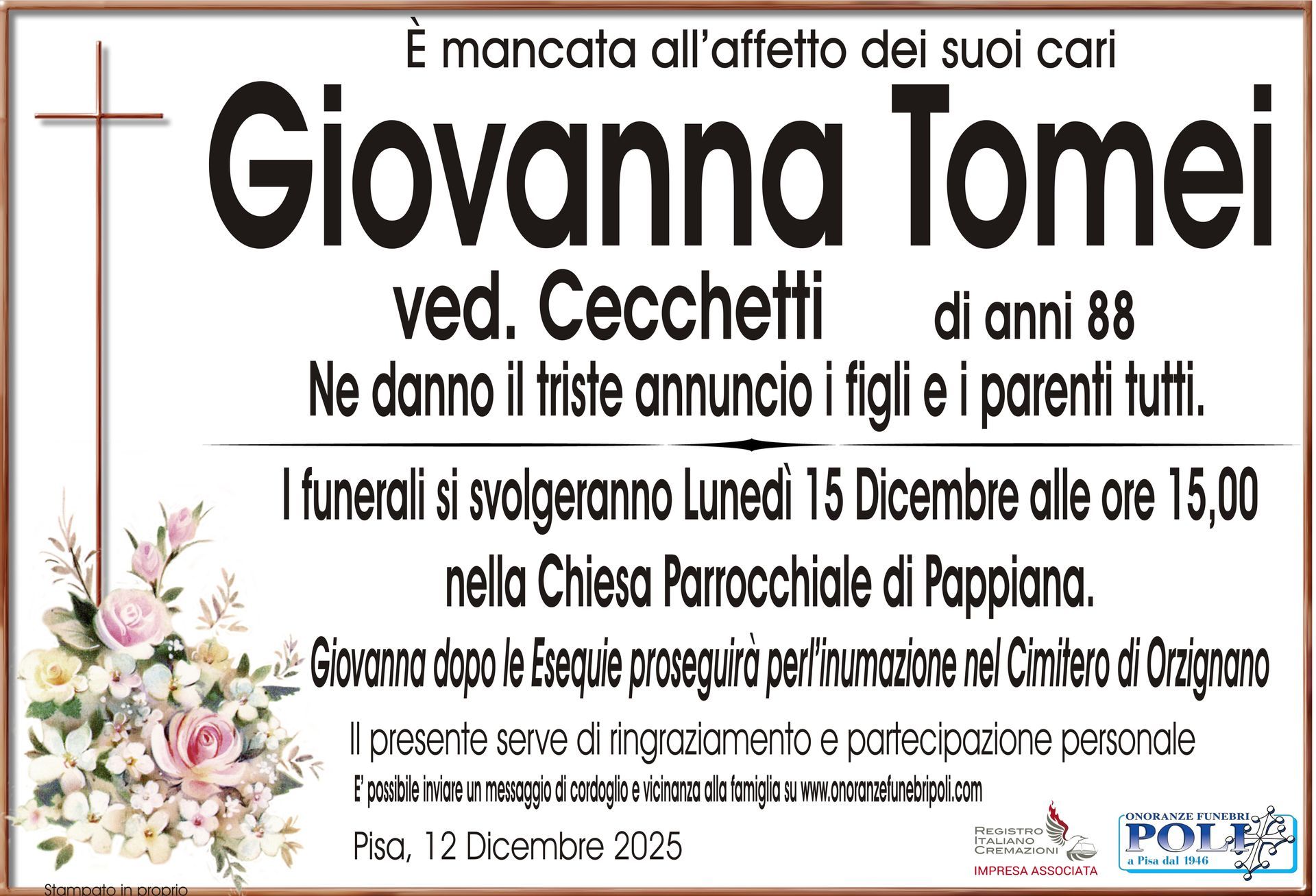 necrologio GIOVANNA TOMEI