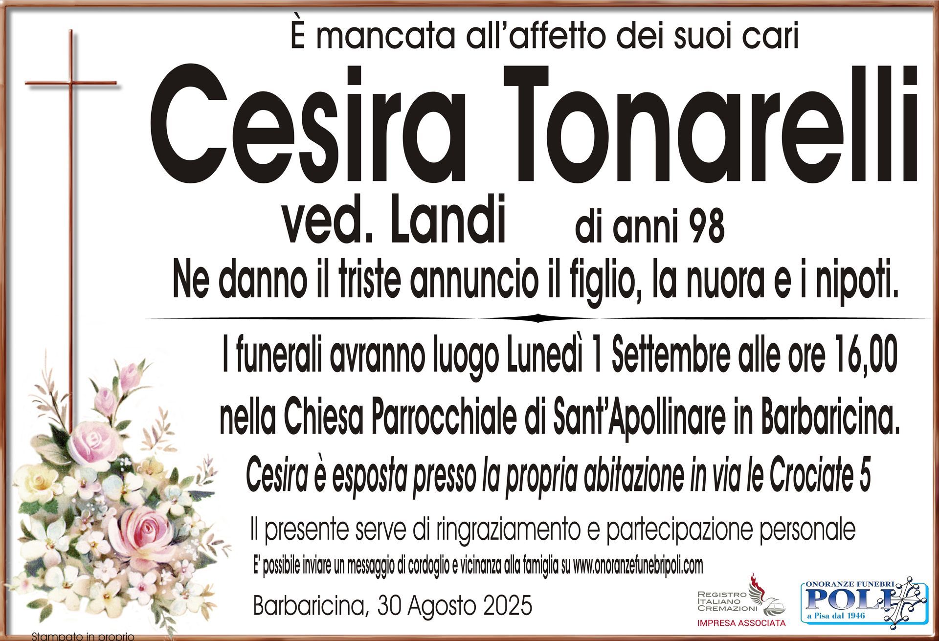 necrologio CESIRA TONARELLI (Iolanda) 