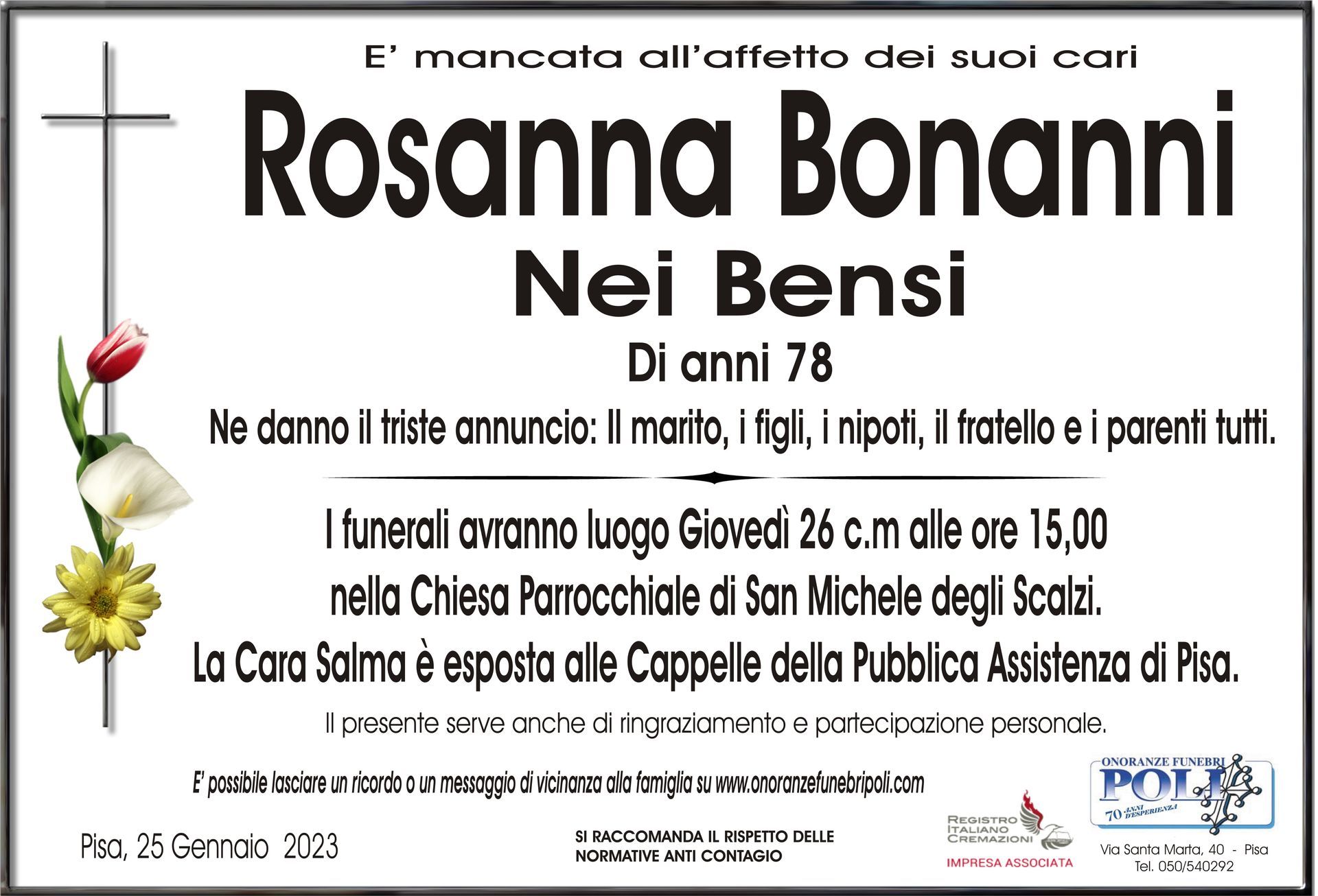 necrologio Rosanna Bonanni