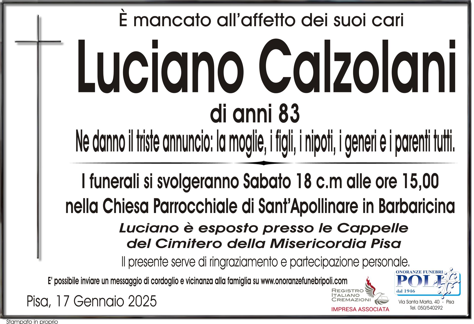 necrologio LUCIANO CALZOLANI 