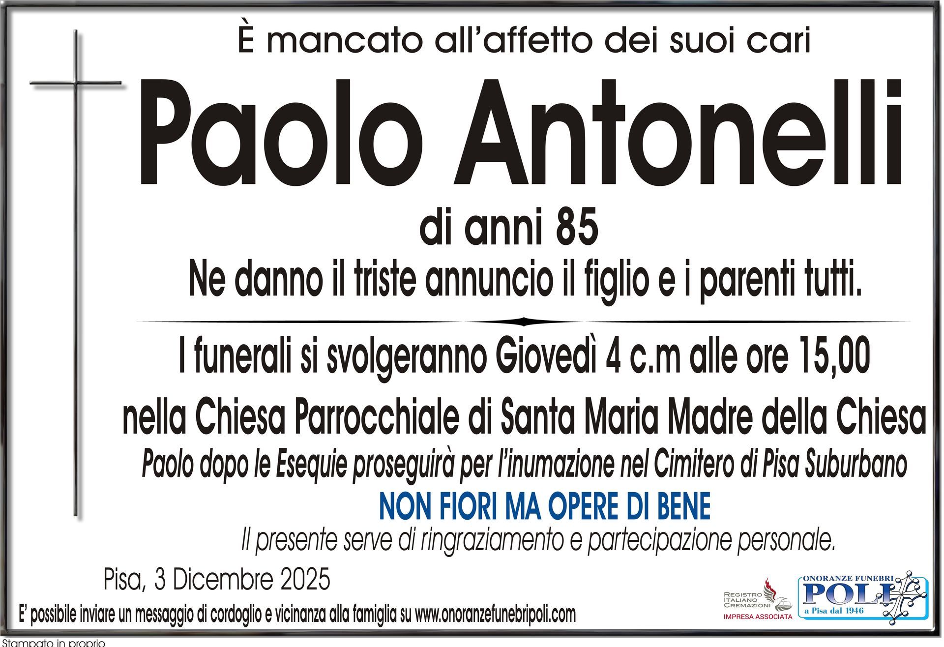 necrologio PAOLO ANTONELLI 