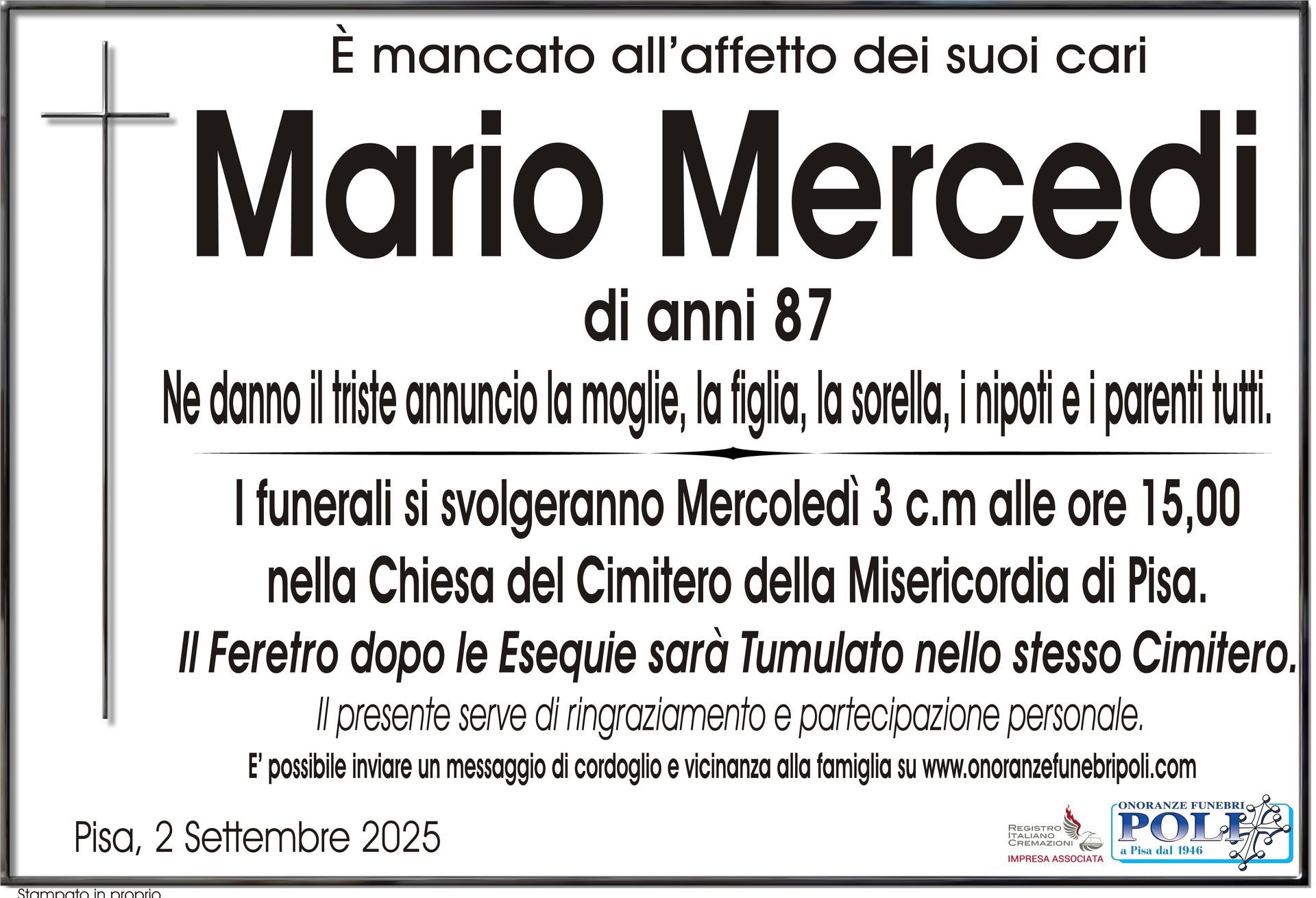 necrologio Mario Mercedi