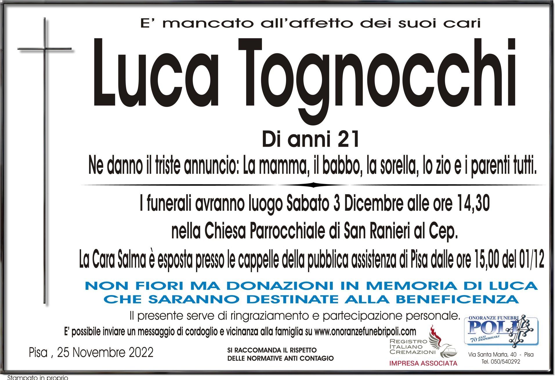 necrologio LUCA TOGNOCCHI 