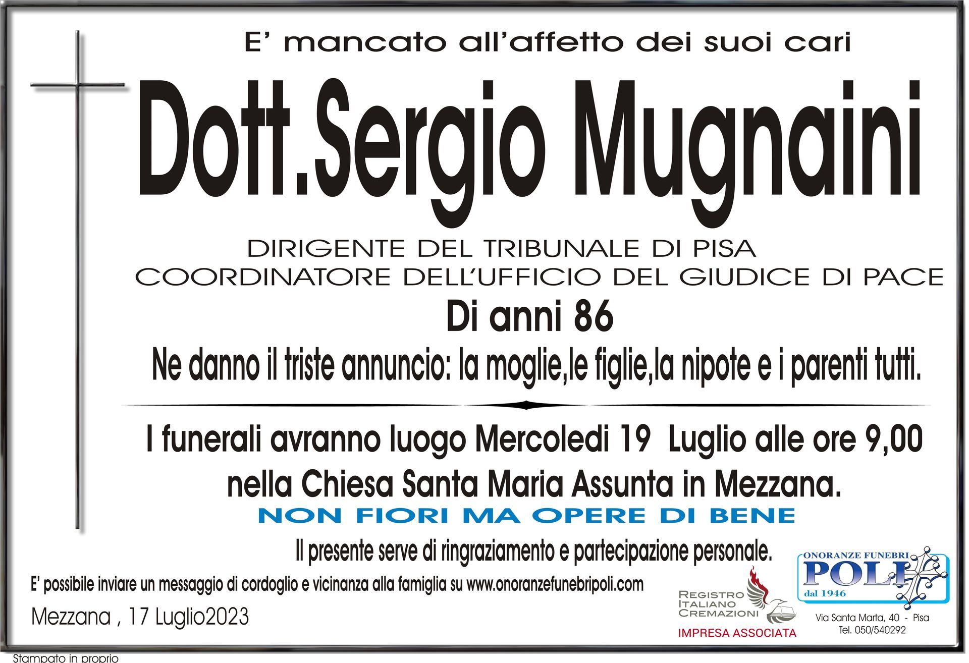 necrologio DOTT. SERGIO  MUGNAINI