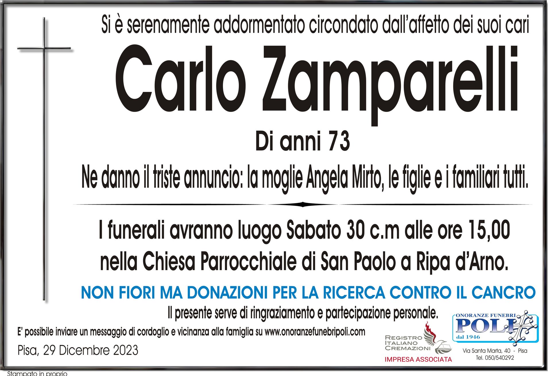 necrologio CARLO ZAMPARELLI