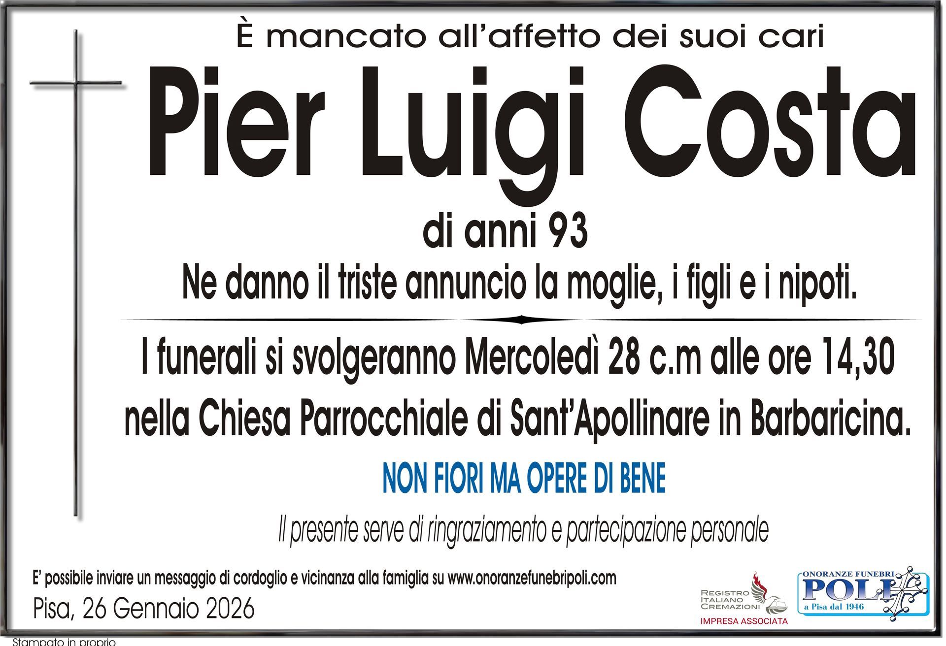 necrologio PIER LUIGI COSTA 