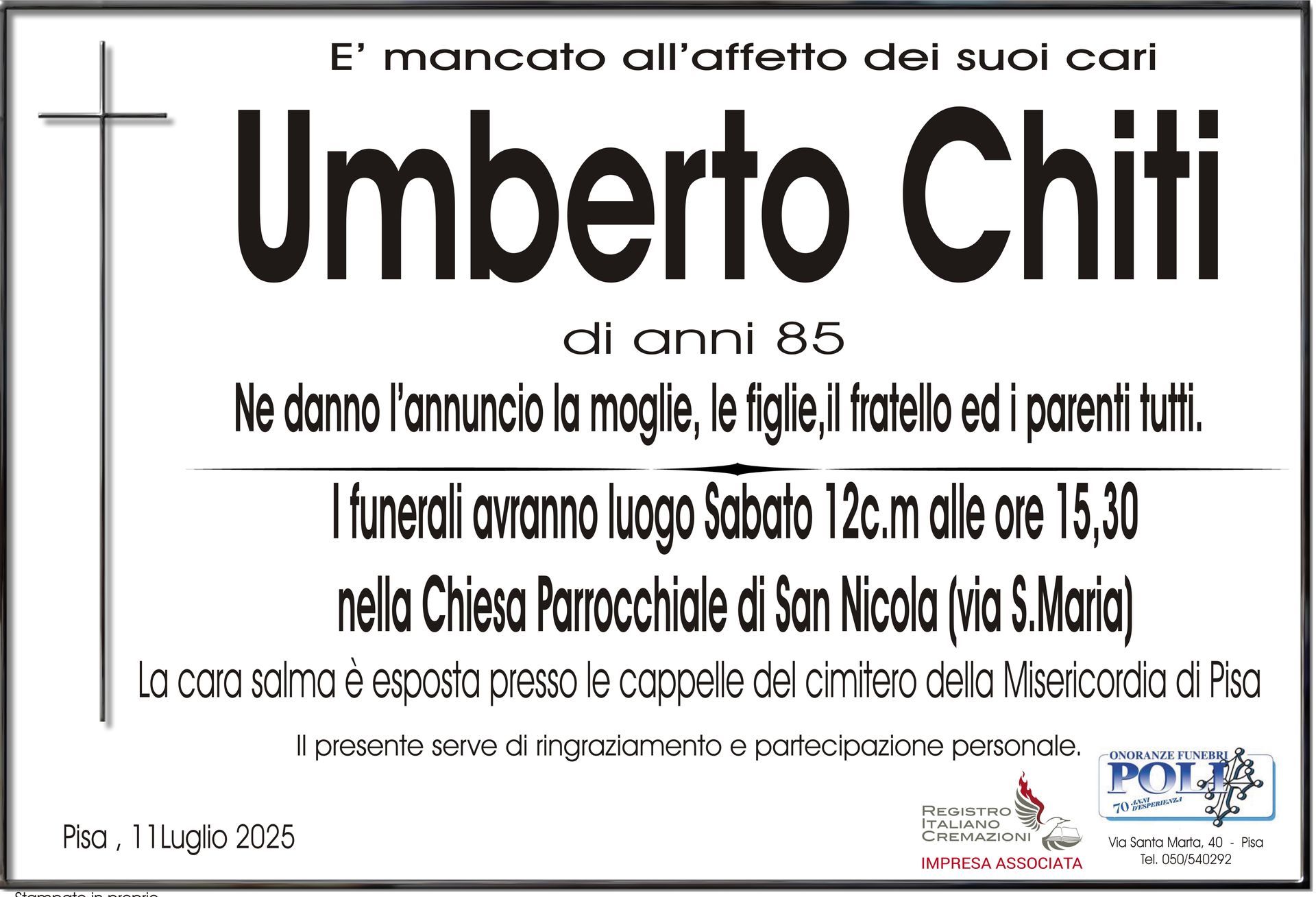 necrologio UMBERTO CHITI 