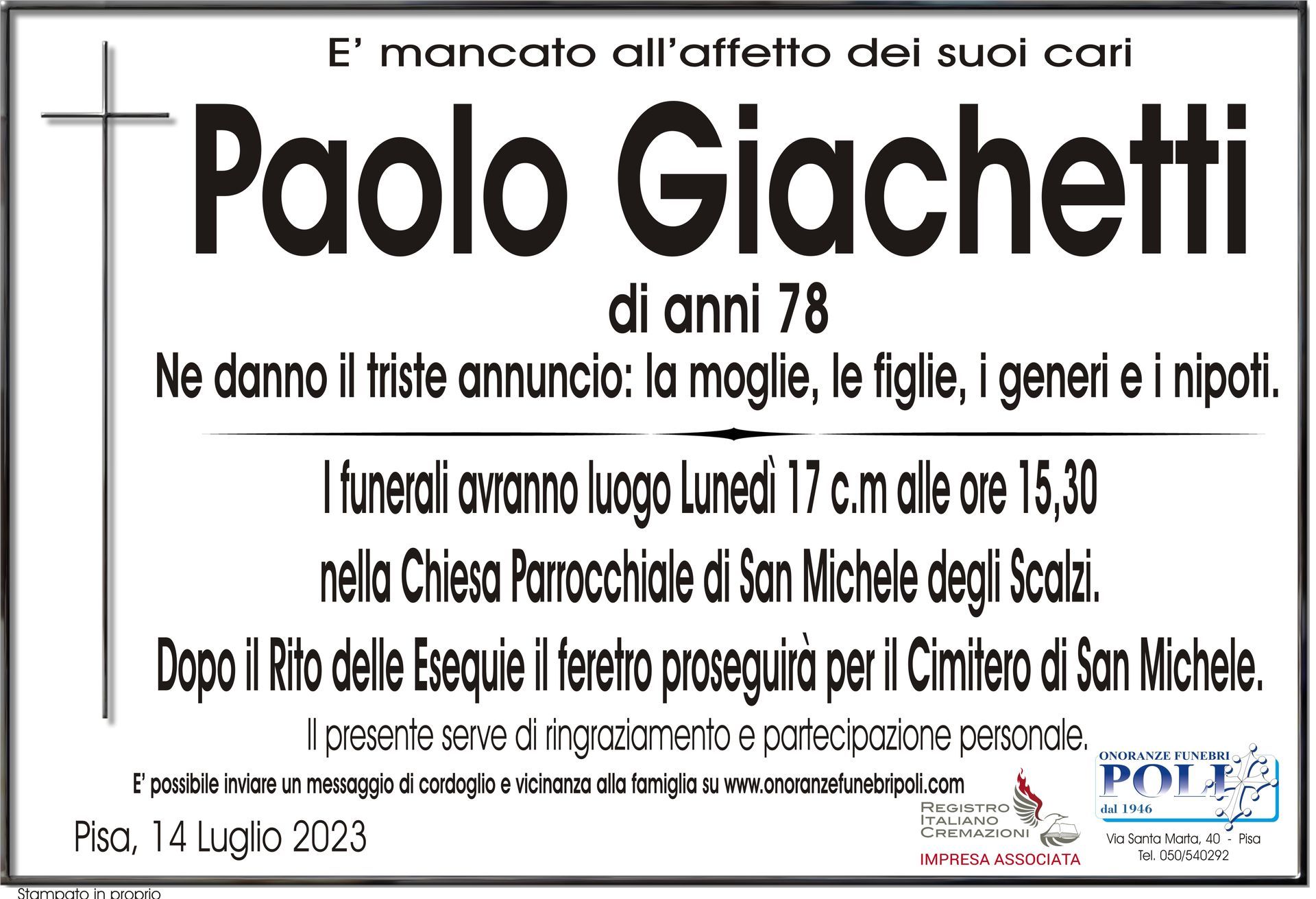 necrologio PAOLO GIACHETTI