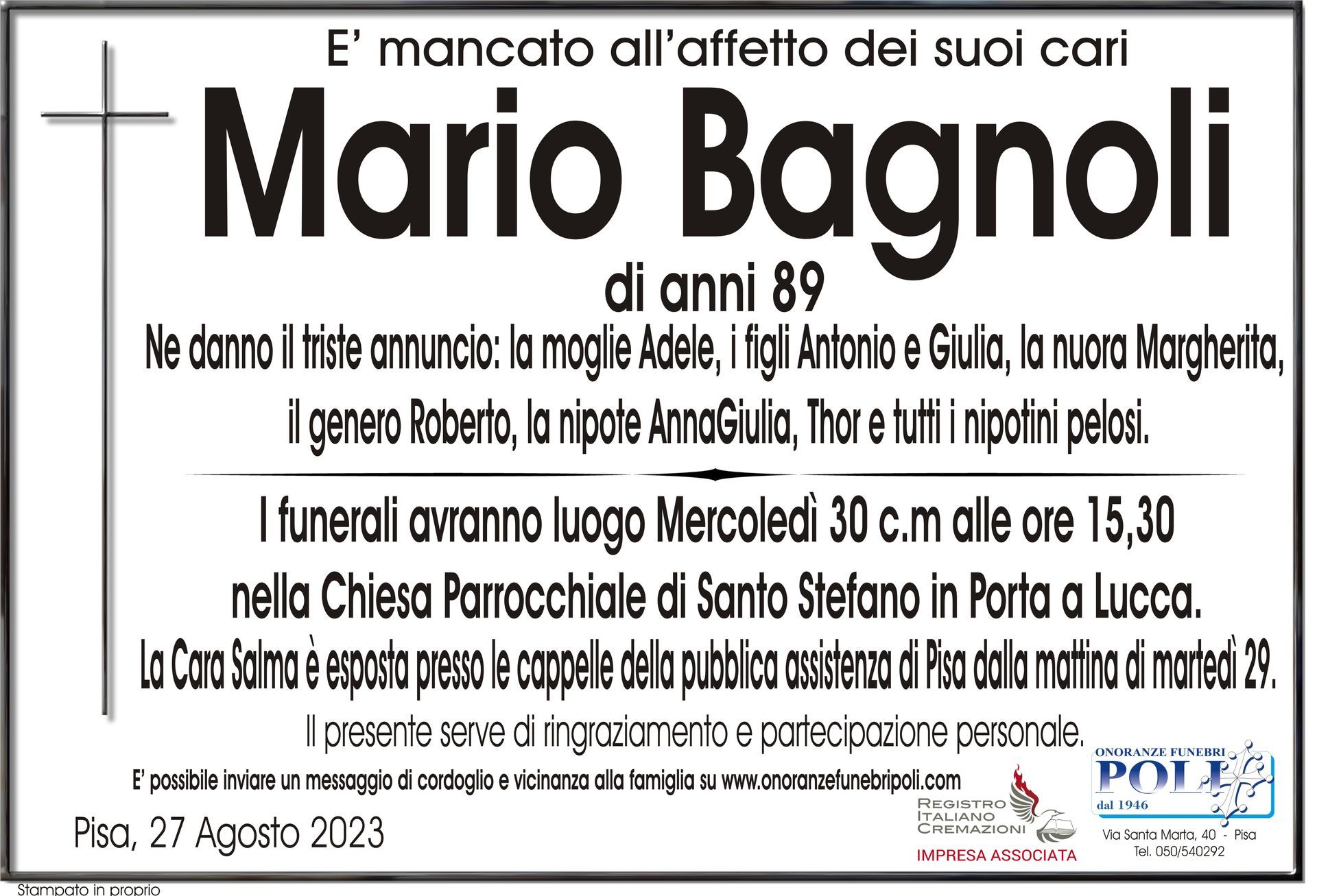 necrologio MARIO BAGNOLI