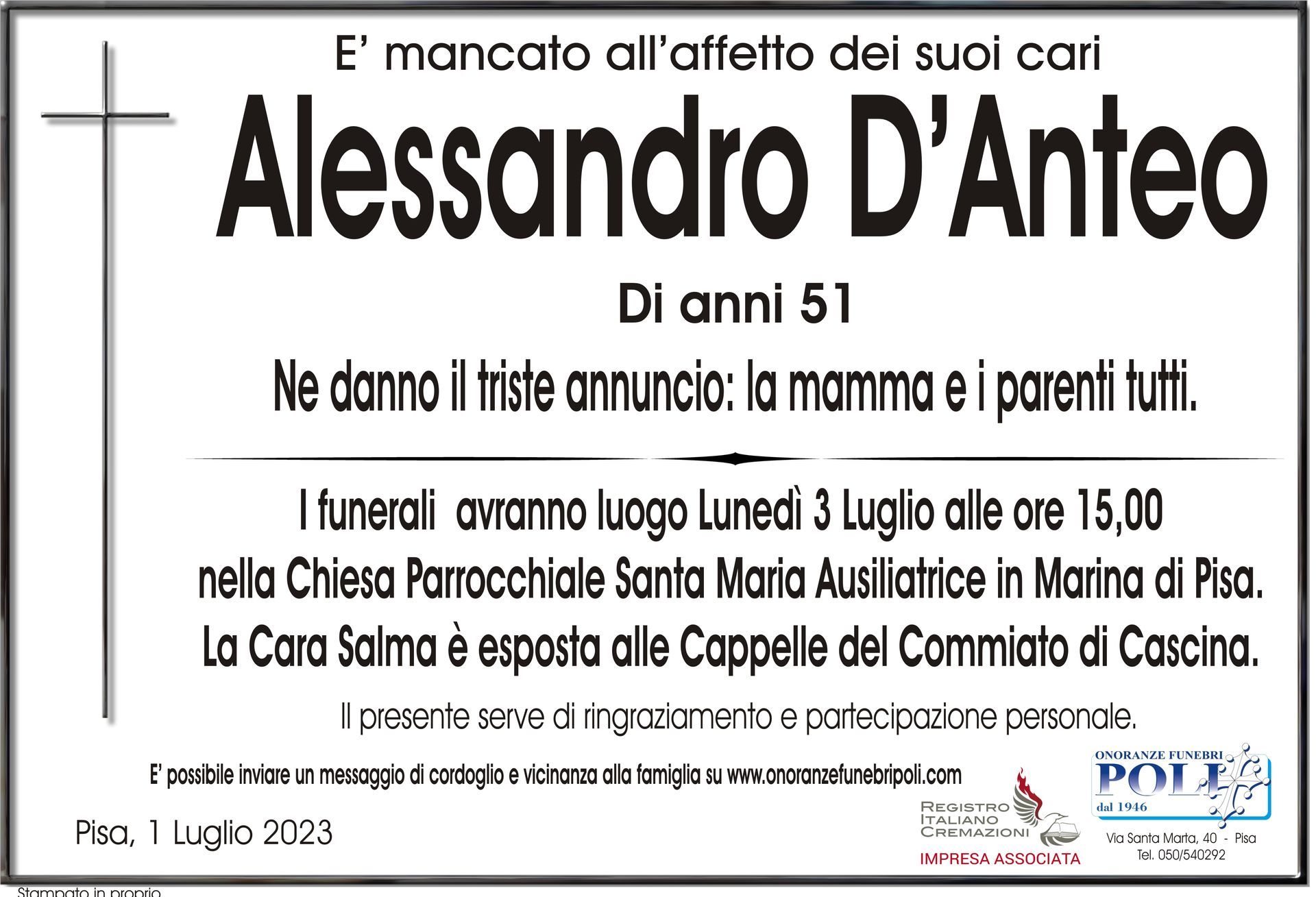 necrologio ALESSANDRO D'ANTEO