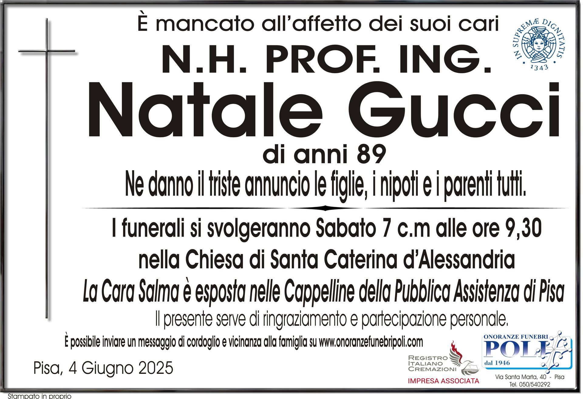 necrologio N.H. PROF. ING. NATALE GUCCI