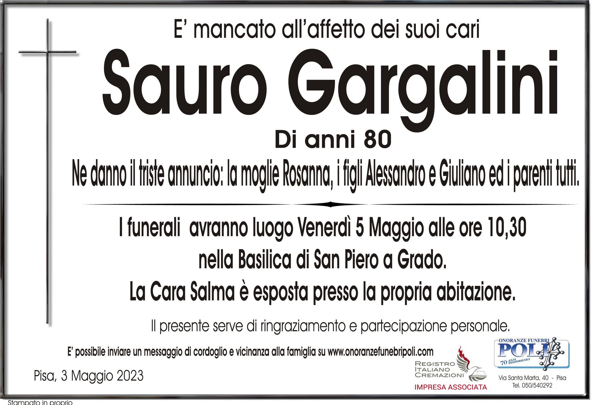 necrologio SAURO GARGALINI