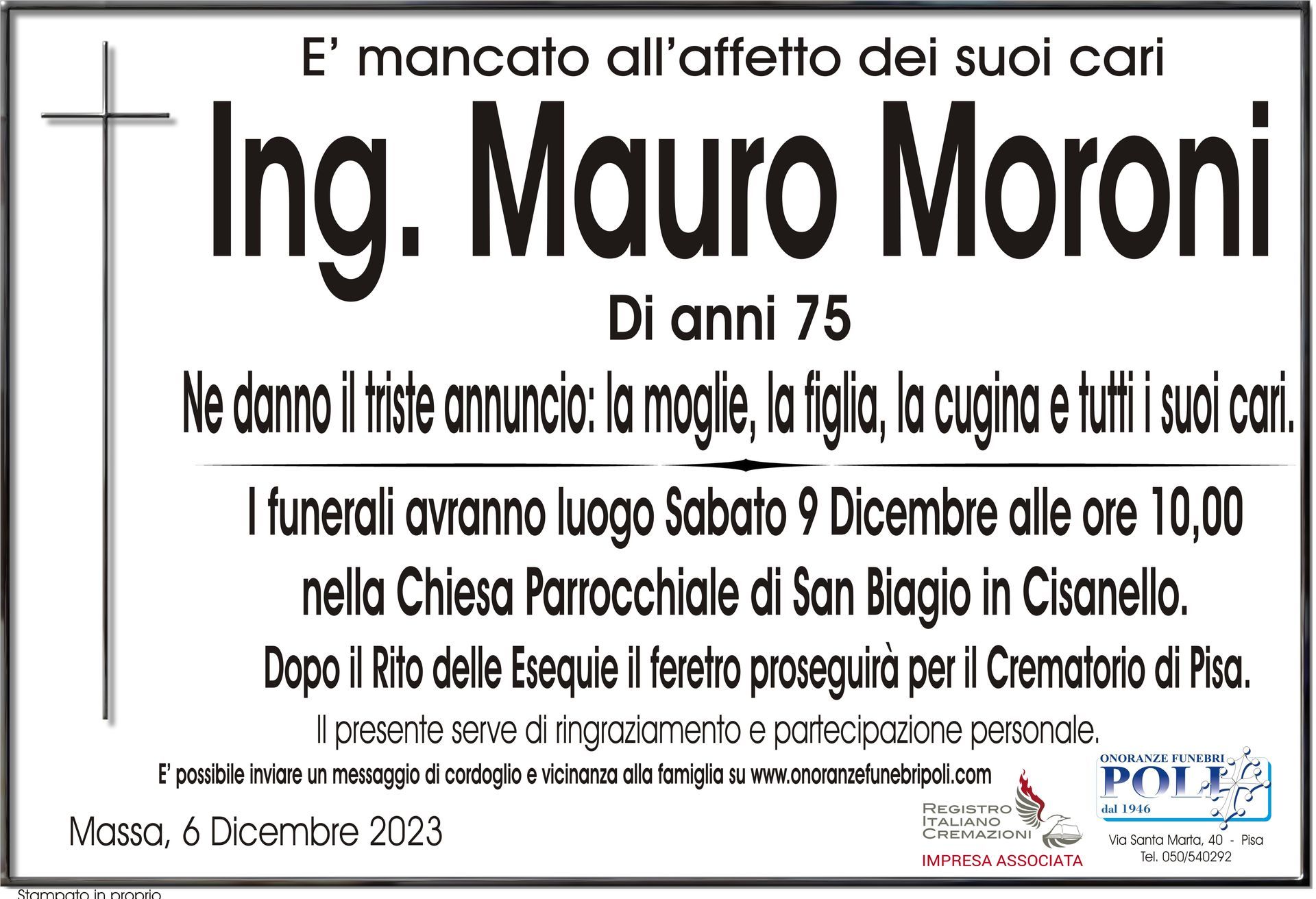 necrologio ING. MAURO MORONI