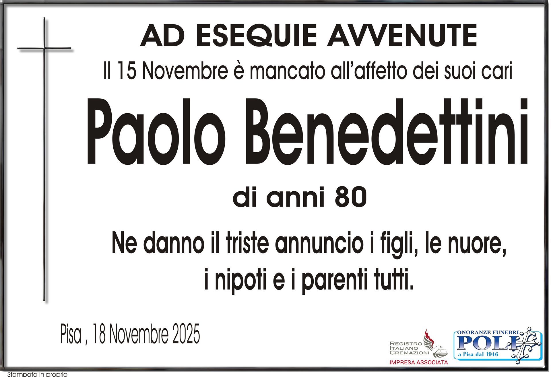 necrologio PAOLO BENEDETTINI