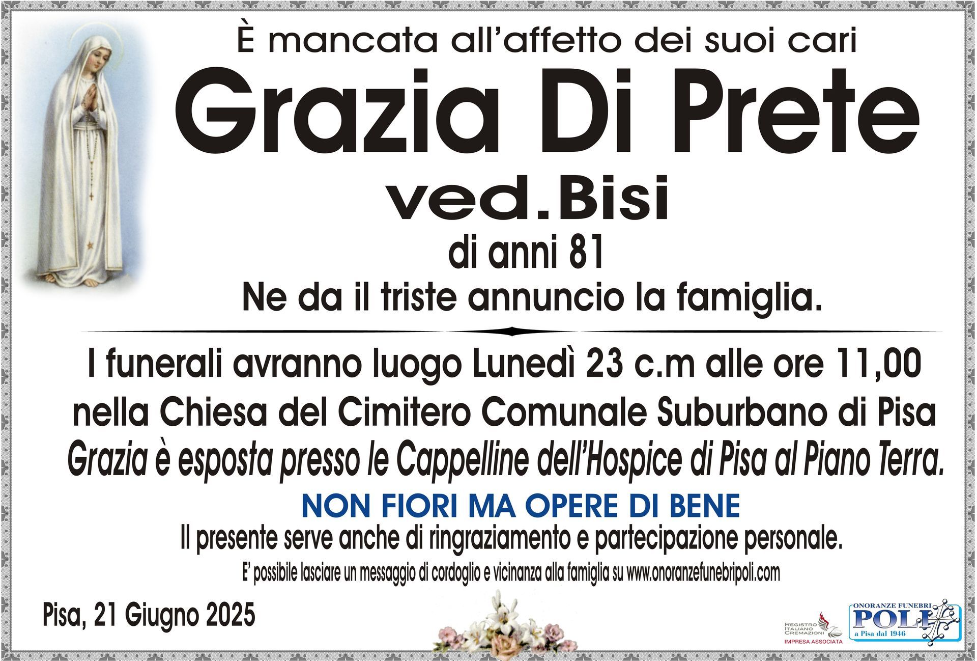 necrologio GRAZIA DI PRETE 