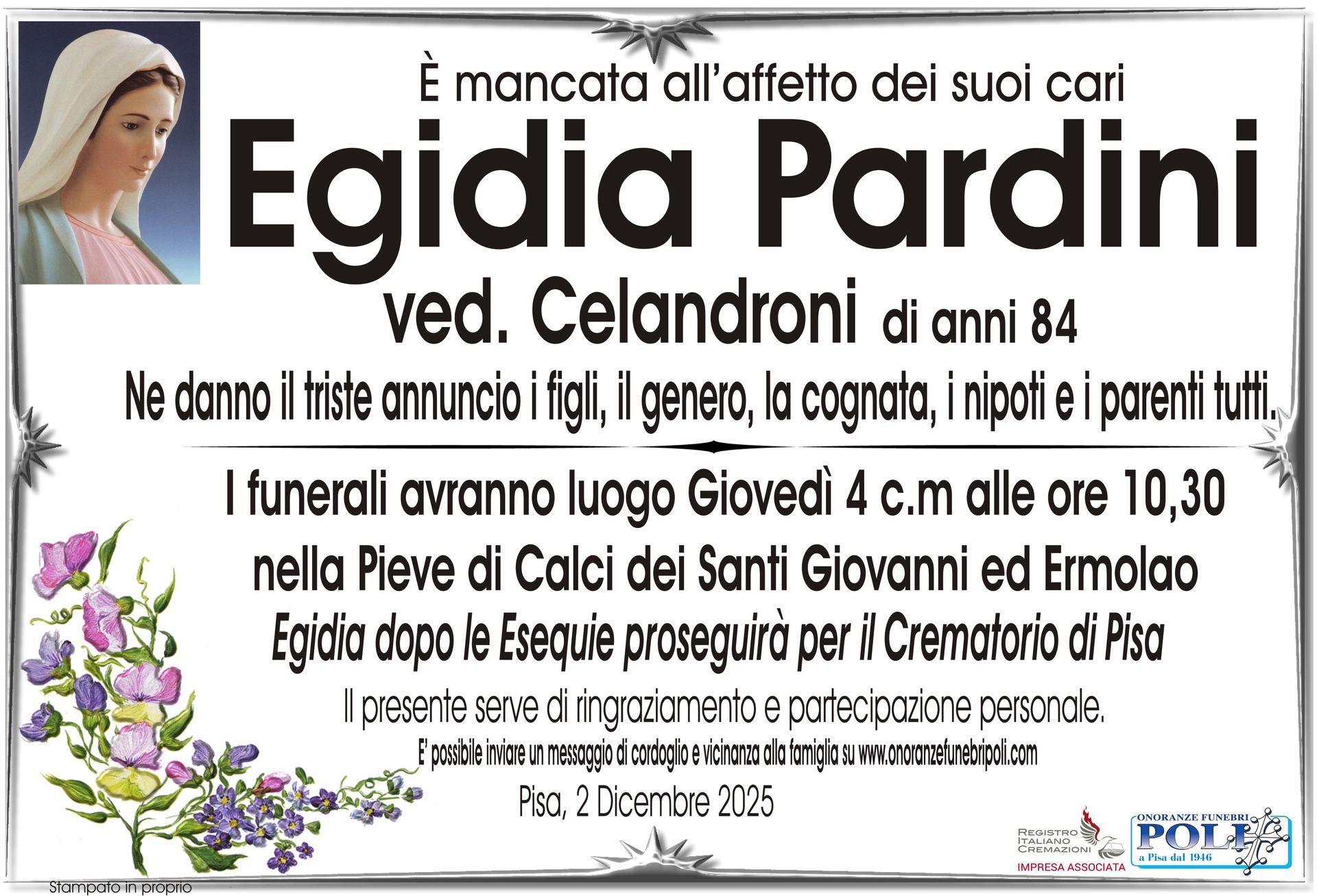 necrologio Egidia Pardini