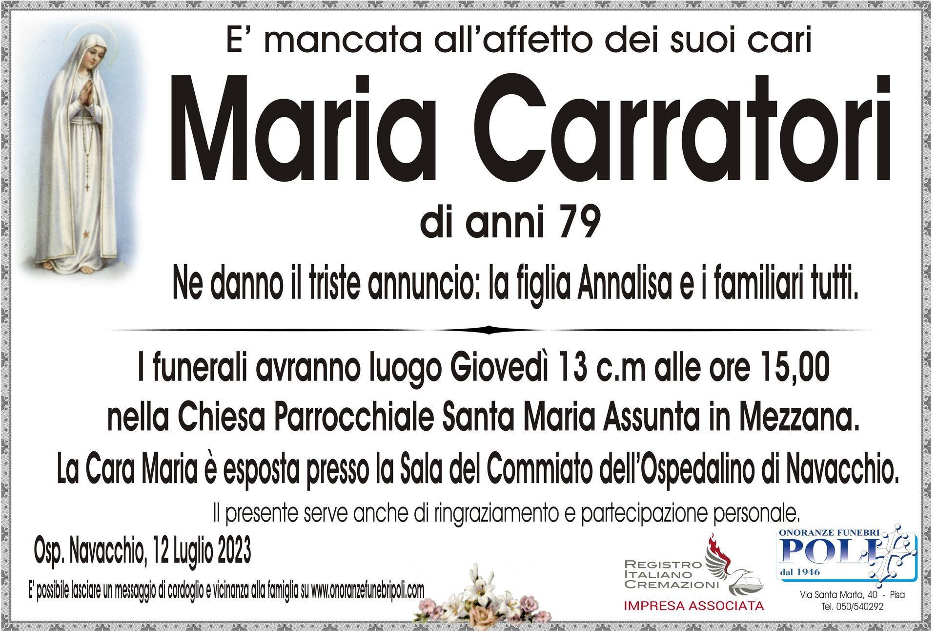 necrologio Maria Carratori 