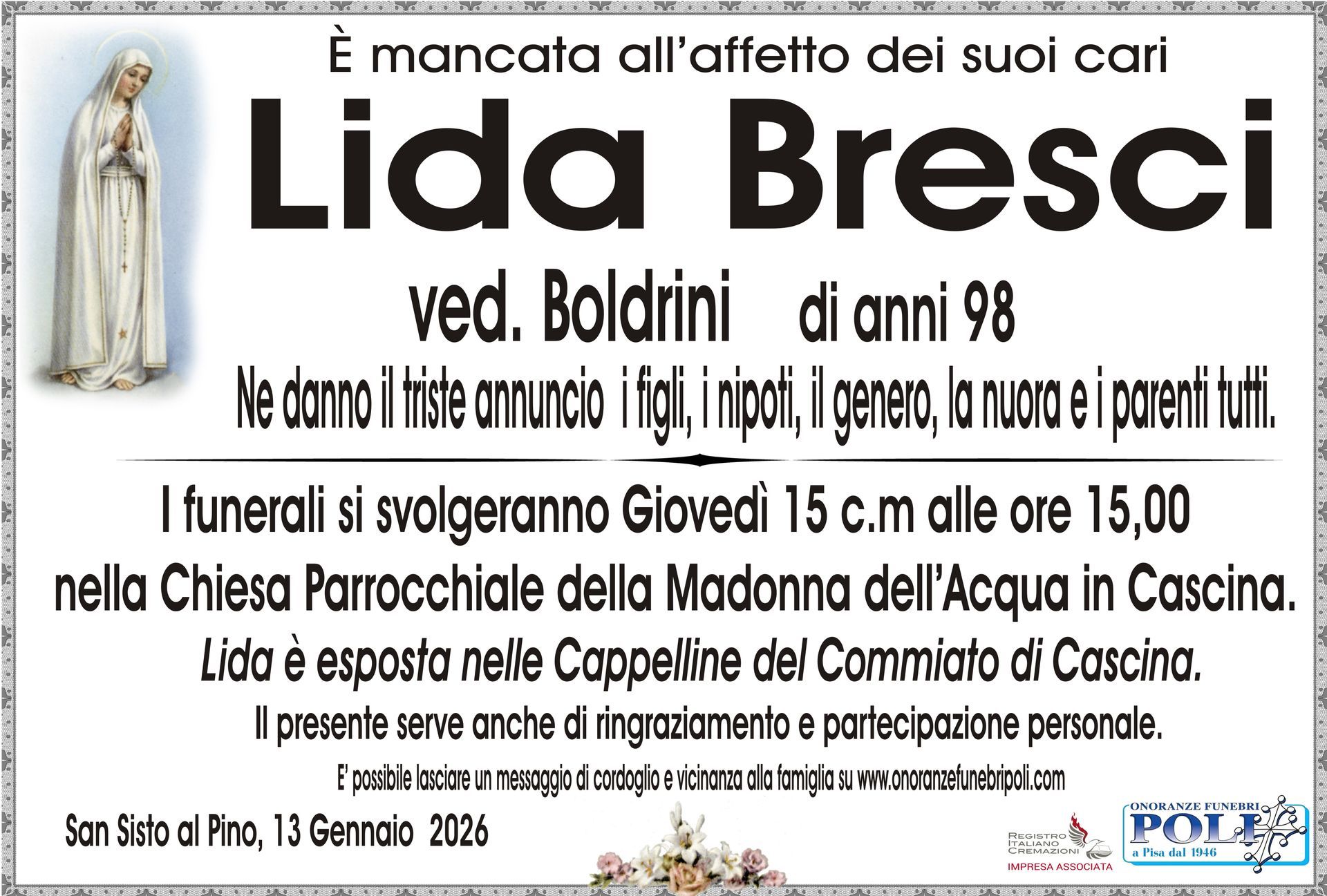 necrologio LIDA BRESCI