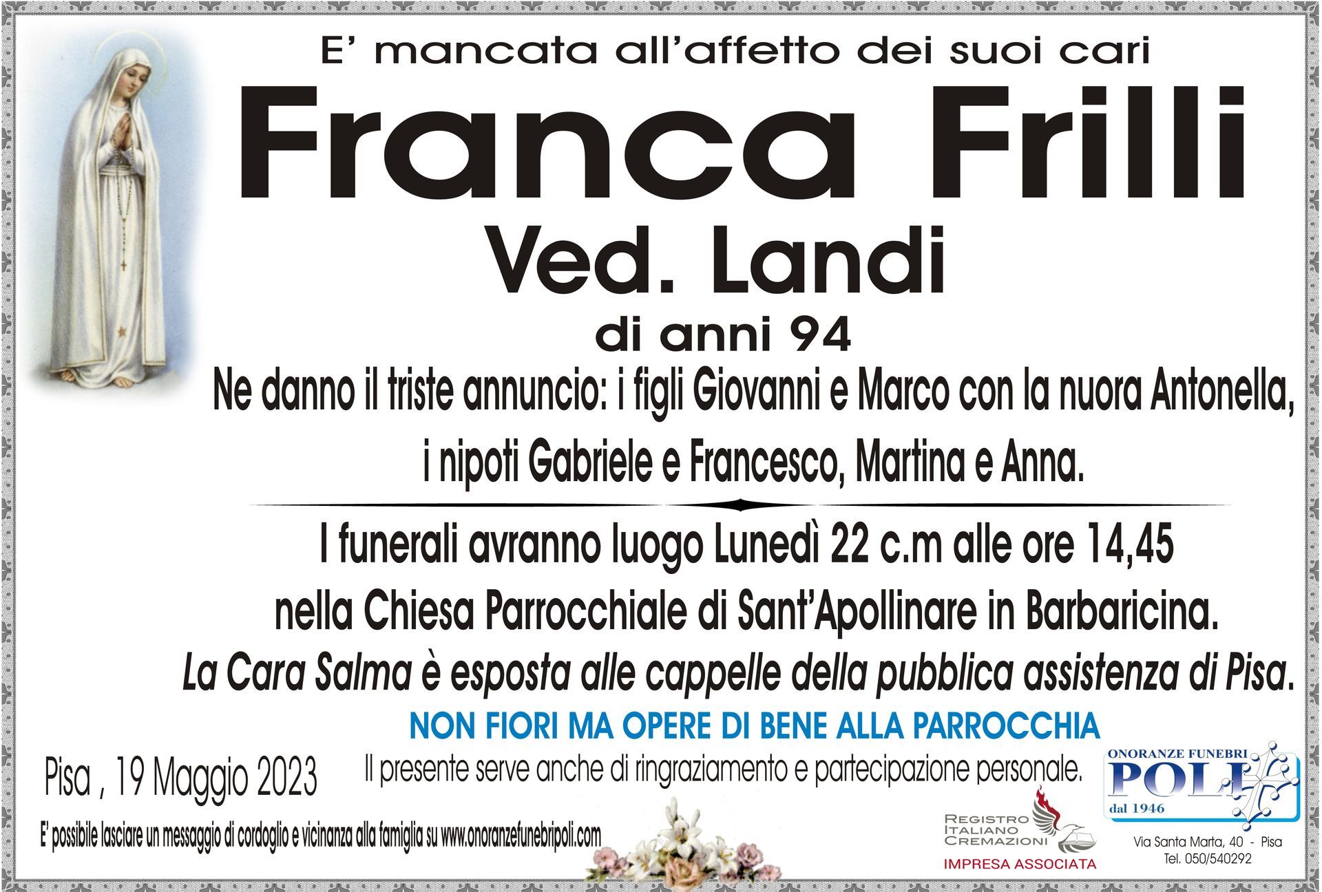 necrologio FRANCA FRILLI