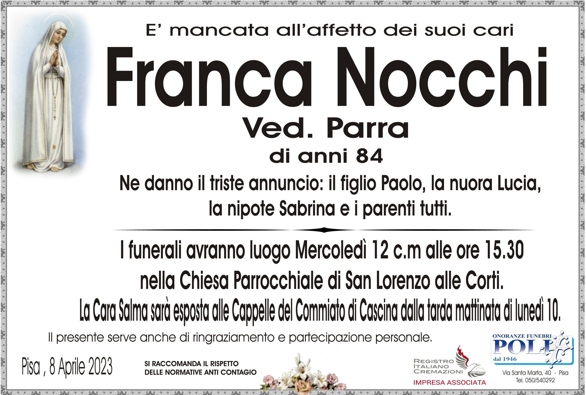 necrologio FRANCA NOCCHI