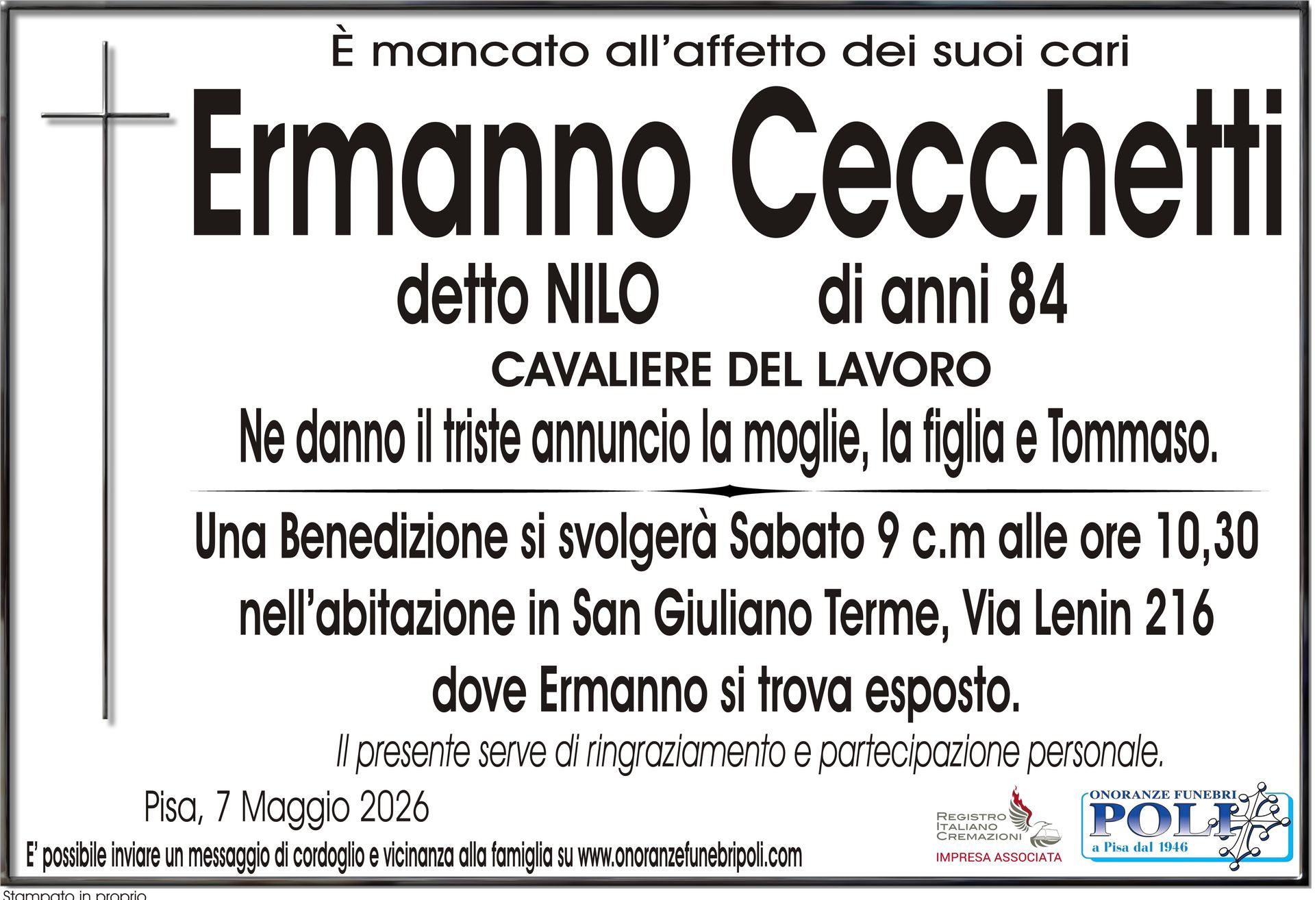 necrologio Ermanno Cecchetti