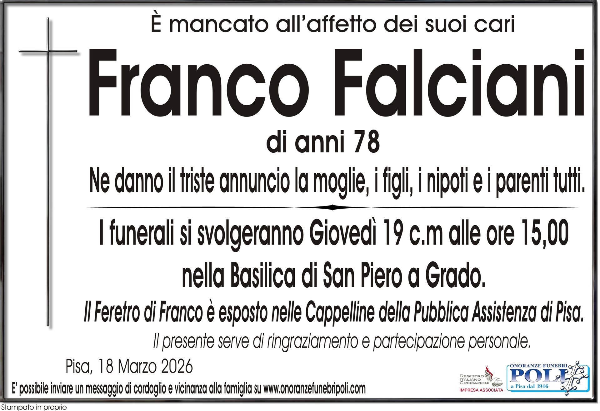 necrologio FRANCO FALCIANI