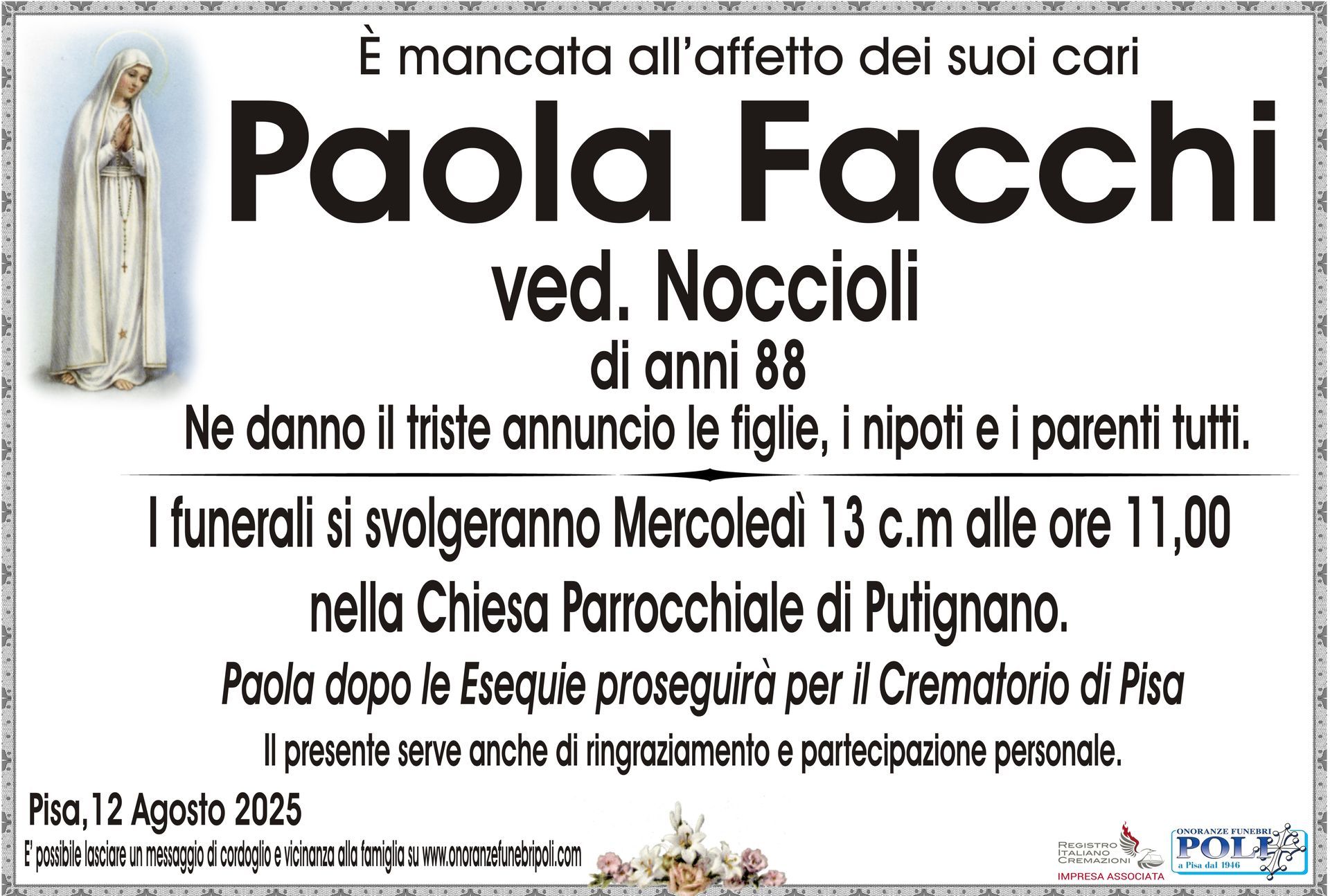 necrologio PAOLA  FACCHI