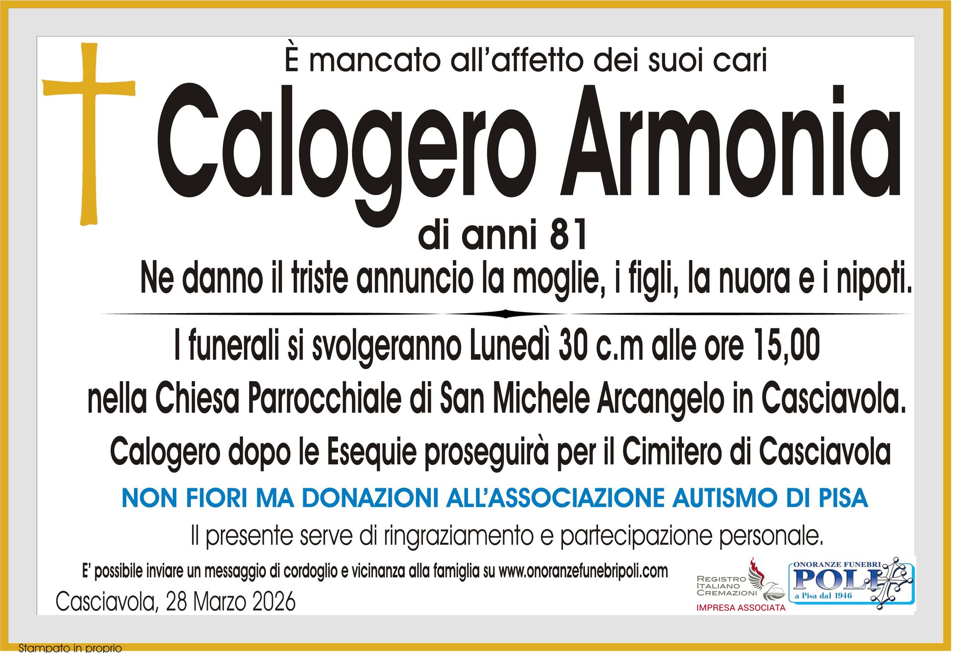 necrologio CALOGERO ARMONIA