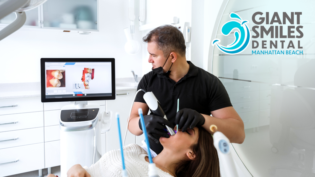 A dentist is examining a woman 's teeth in a dental office.