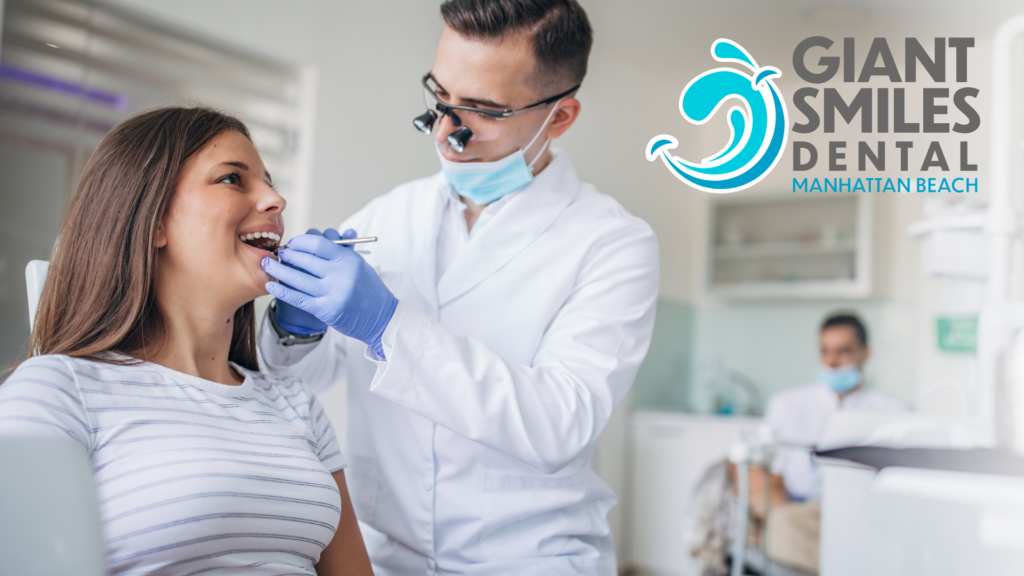 A dentist is examining a woman 's teeth in a dental office.