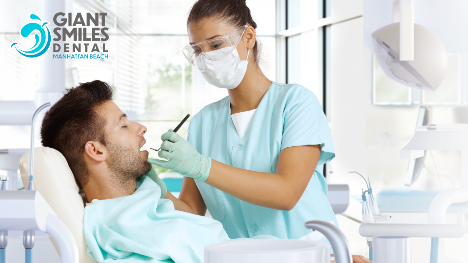 A dentist is examining a man 's teeth in a dental office.